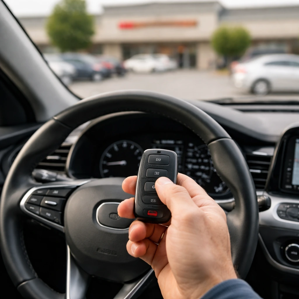 Driver holding a car key fob inside a vehicle after a grocery store car lockout was resolved.