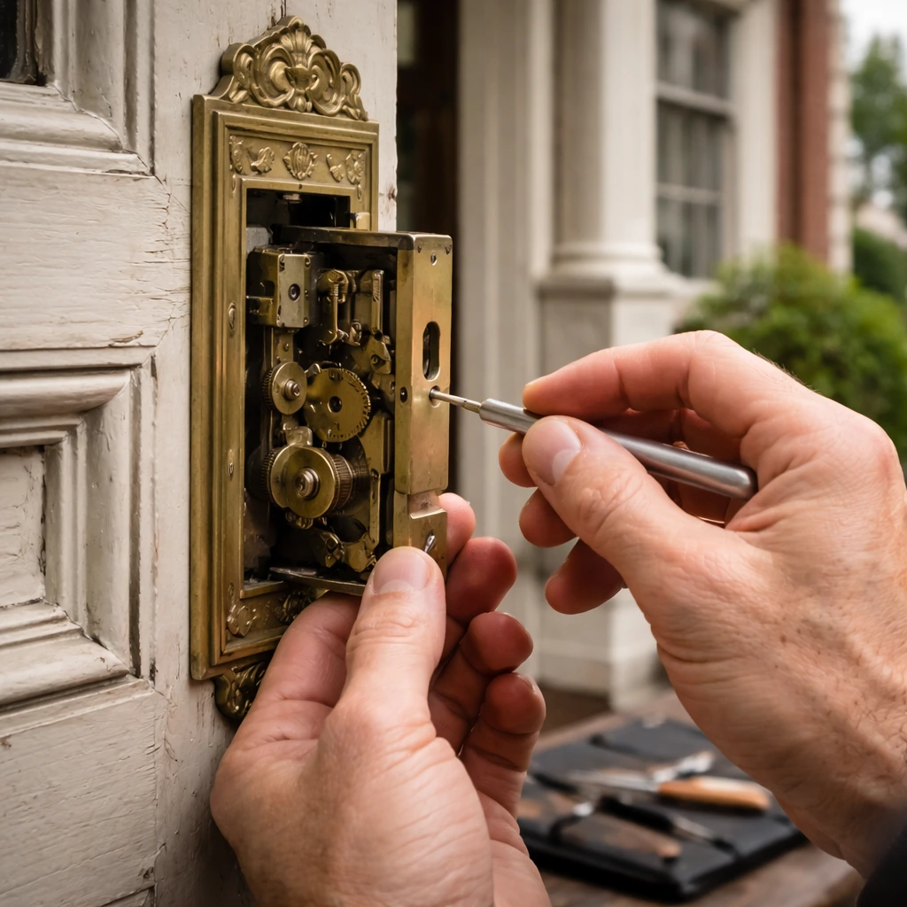 Locksmith carefully repairing an antique brass mortise lock on a historic residential door.