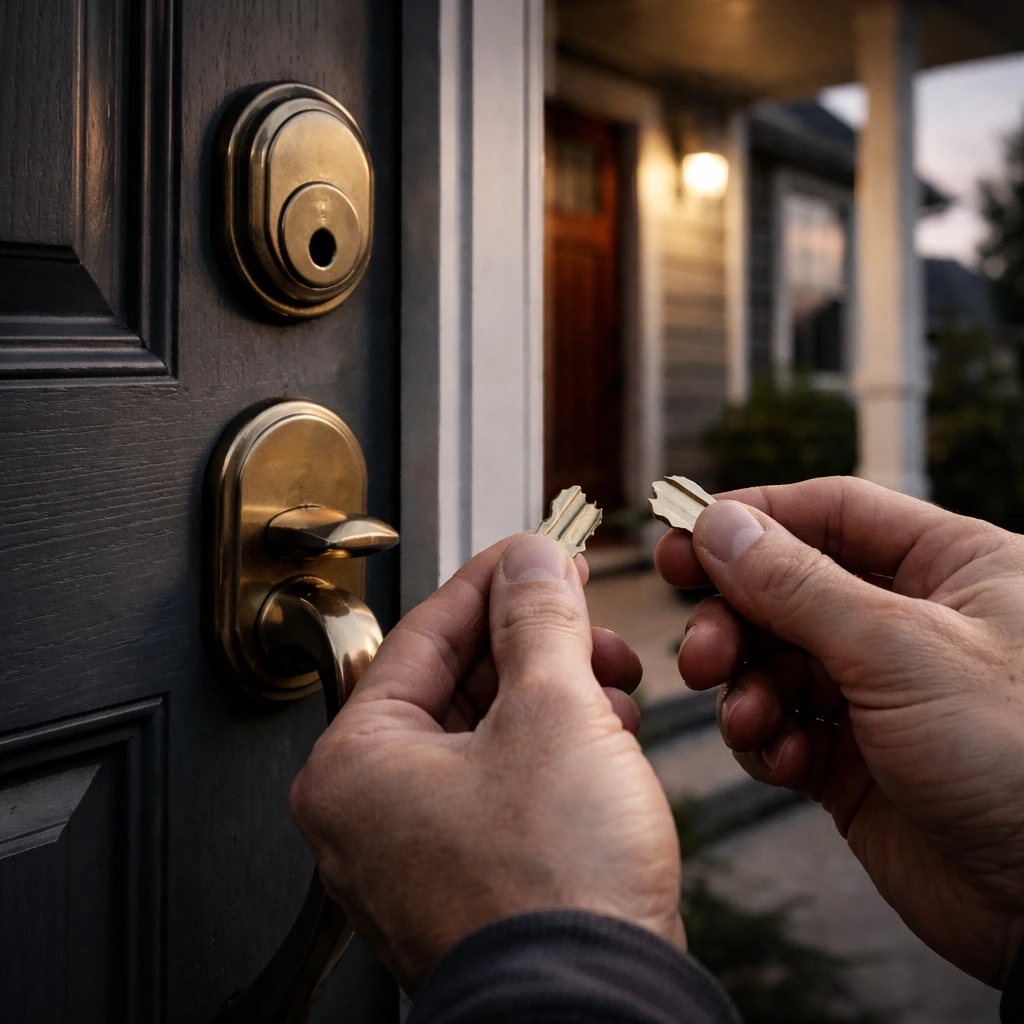 Homeowner holding a broken key near a front door lock during a late evening home lockout situation.