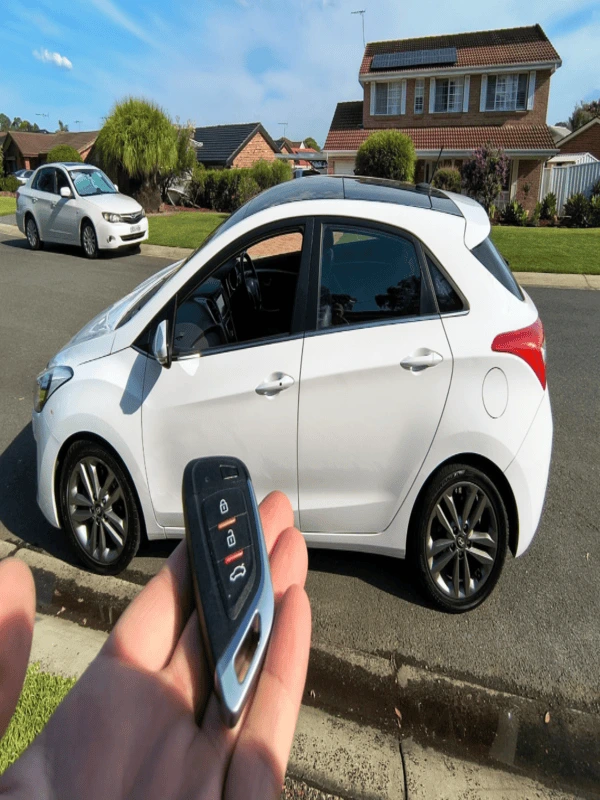 Automotive locksmith holding smart key fob for vehicle service in Aiken SC