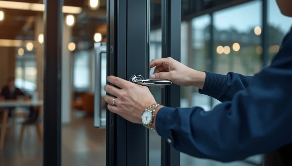 Commercial locksmith working on office door lock in North Augusta SC