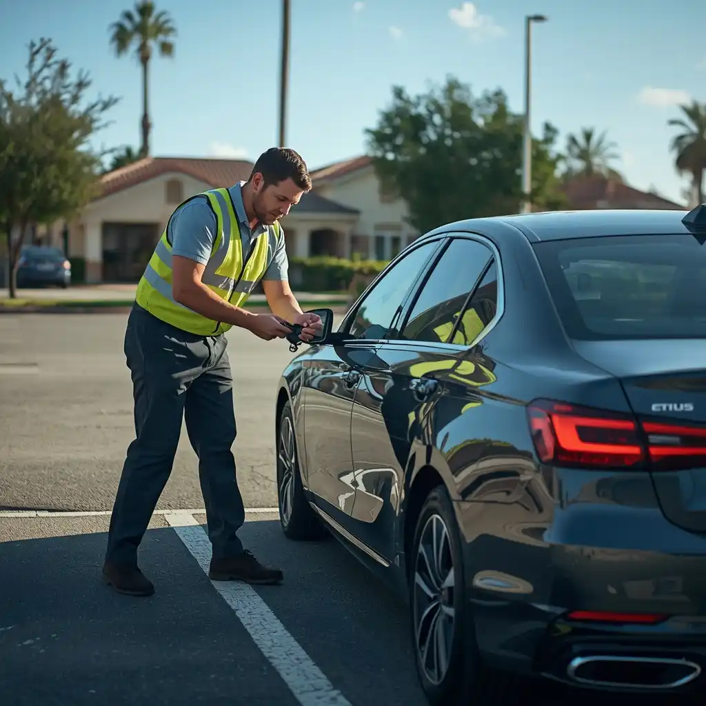 Automotive locksmith kneeling at car door performing non-destructive lockout service in Graniteville SC