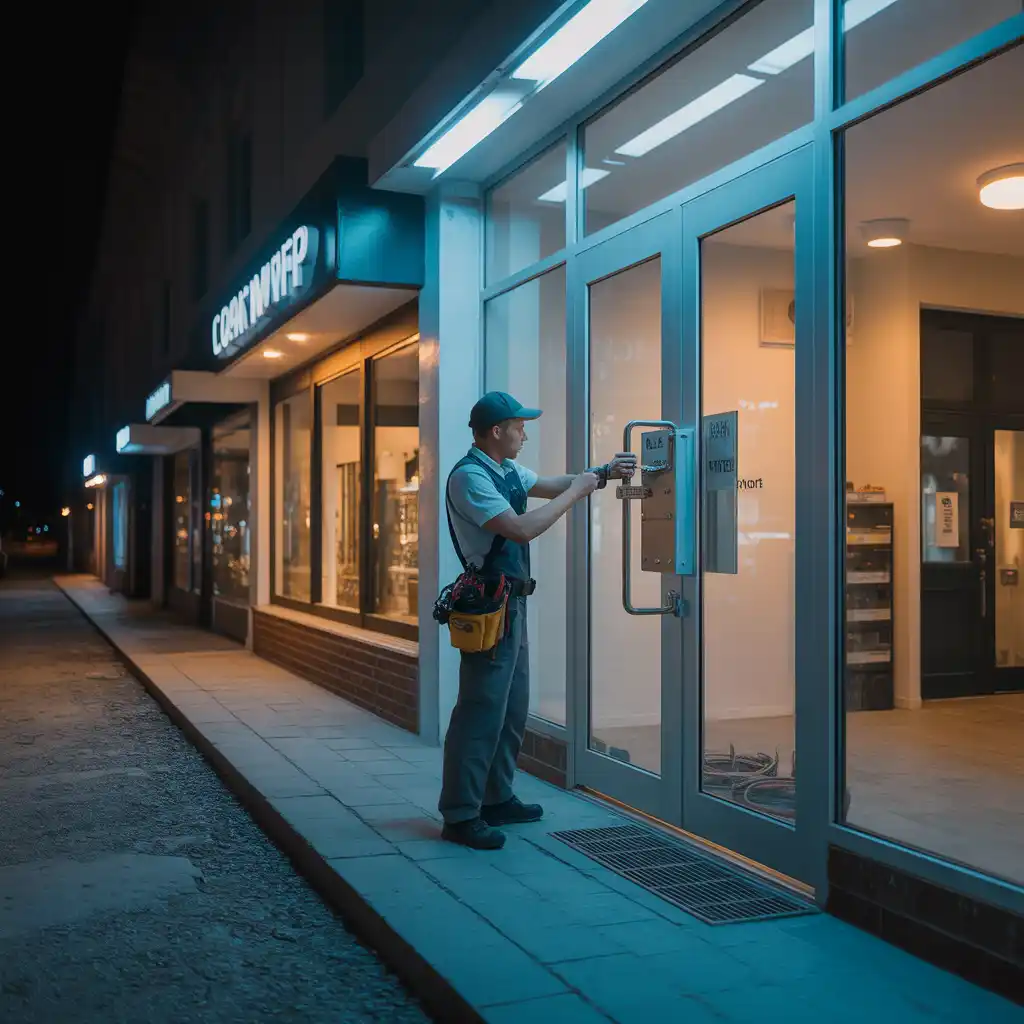 Commercial locksmith technician working on glass office door lock at night in Graniteville SC business corridor