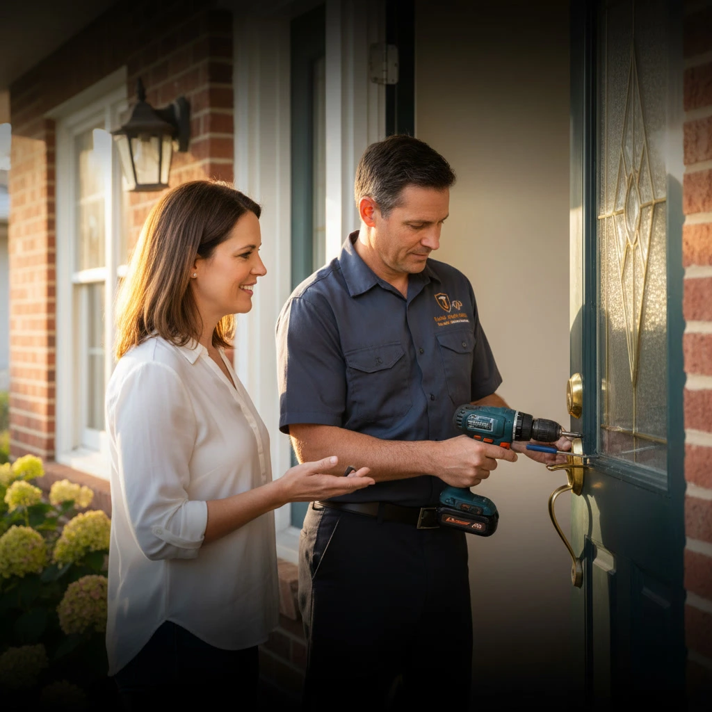 Licensed locksmith technician installing deadbolt on residential front door in Graniteville SC with homeowner present