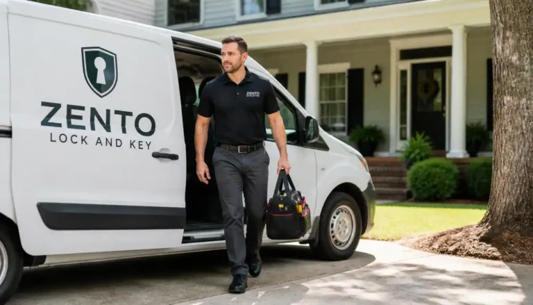 Professional locksmith arriving at a home in Aiken SC in a branded service van