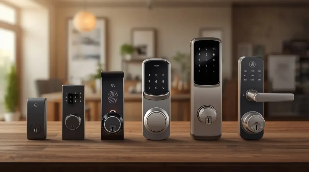 Licensed locksmith displaying modern smart door lock options for residential home security in Aiken SC