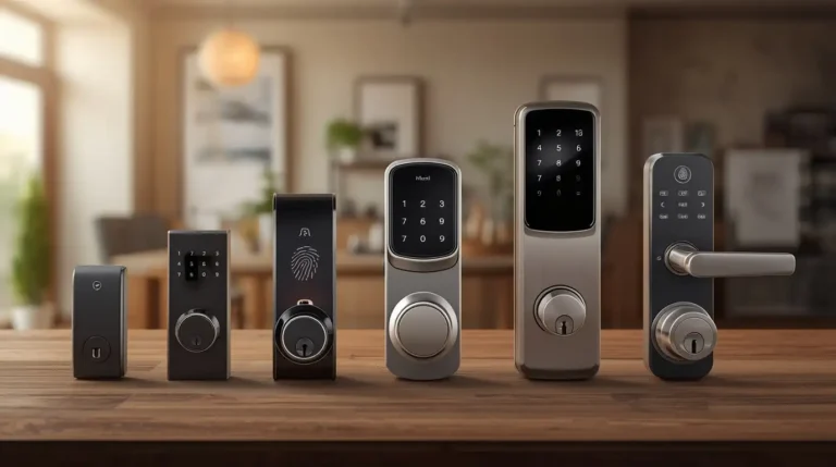 Licensed locksmith displaying modern smart door lock options for residential home security in Aiken SC