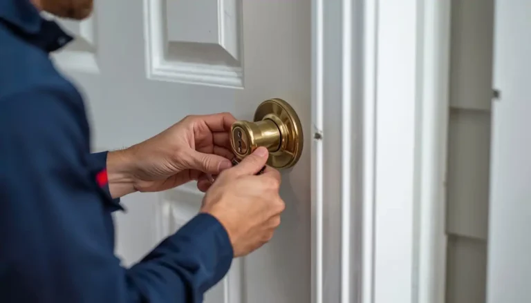 Licensed locksmith inspecting a residential deadbolt in Aiken SC to decide whether rekeying or lock replacement is needed