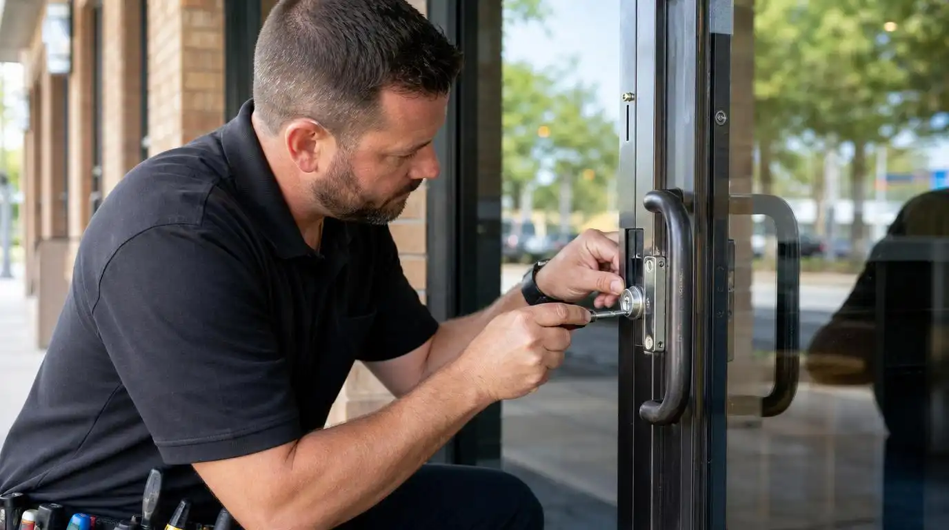Commercial locksmith repairing a storefront door lock in Warrenville SC