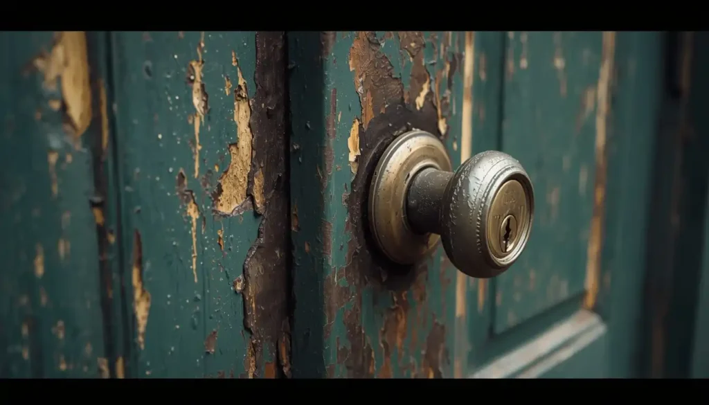 Corroded brass deadbolt cylinder on a weathered exterior door in Aiken SC showing moisture and humidity damage