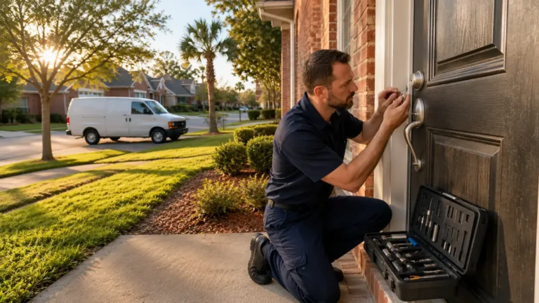 Licensed locksmith rekeying a front door deadbolt on a residential property in Aiken SC — the highest-impact first security upgrade for any home