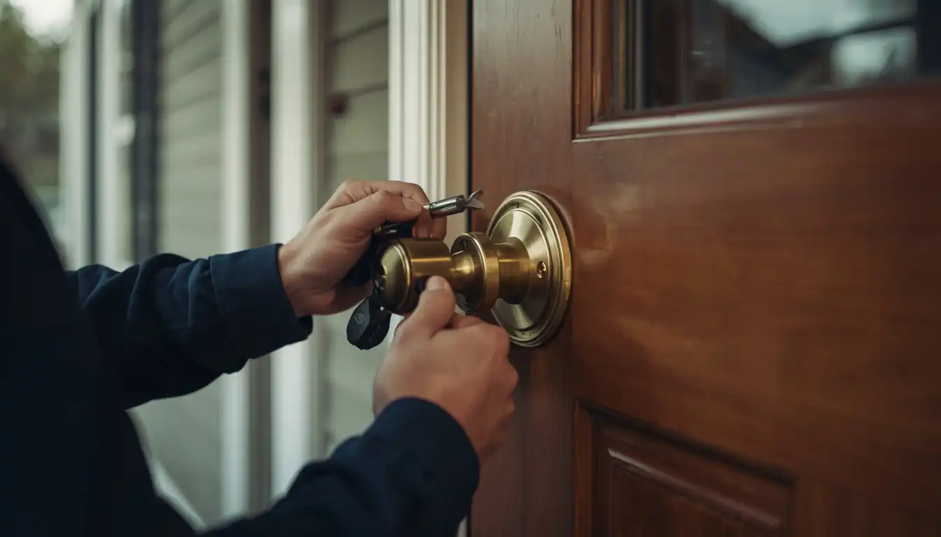 Residential locksmith repairing a home door lock in Warrenville SC