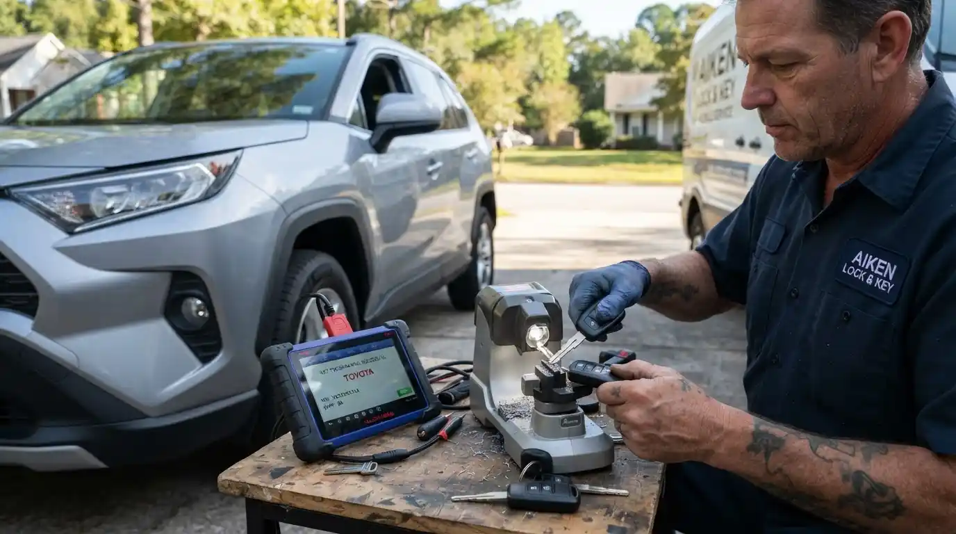 Close-up of automotive key cutting and programming equipment used by a mobile locksmith in Aiken SC