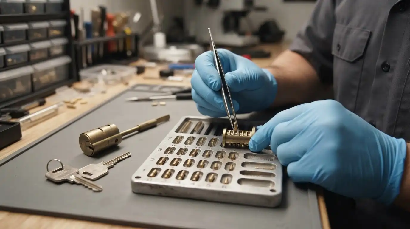 Commercial lock cylinder being repinned for a master key system in Aiken SC