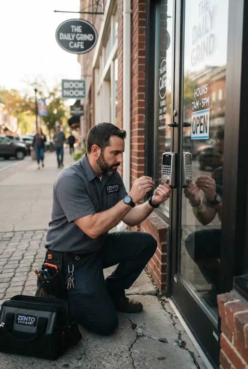 Locksmith inspecting a commercial door lock near Bath SC