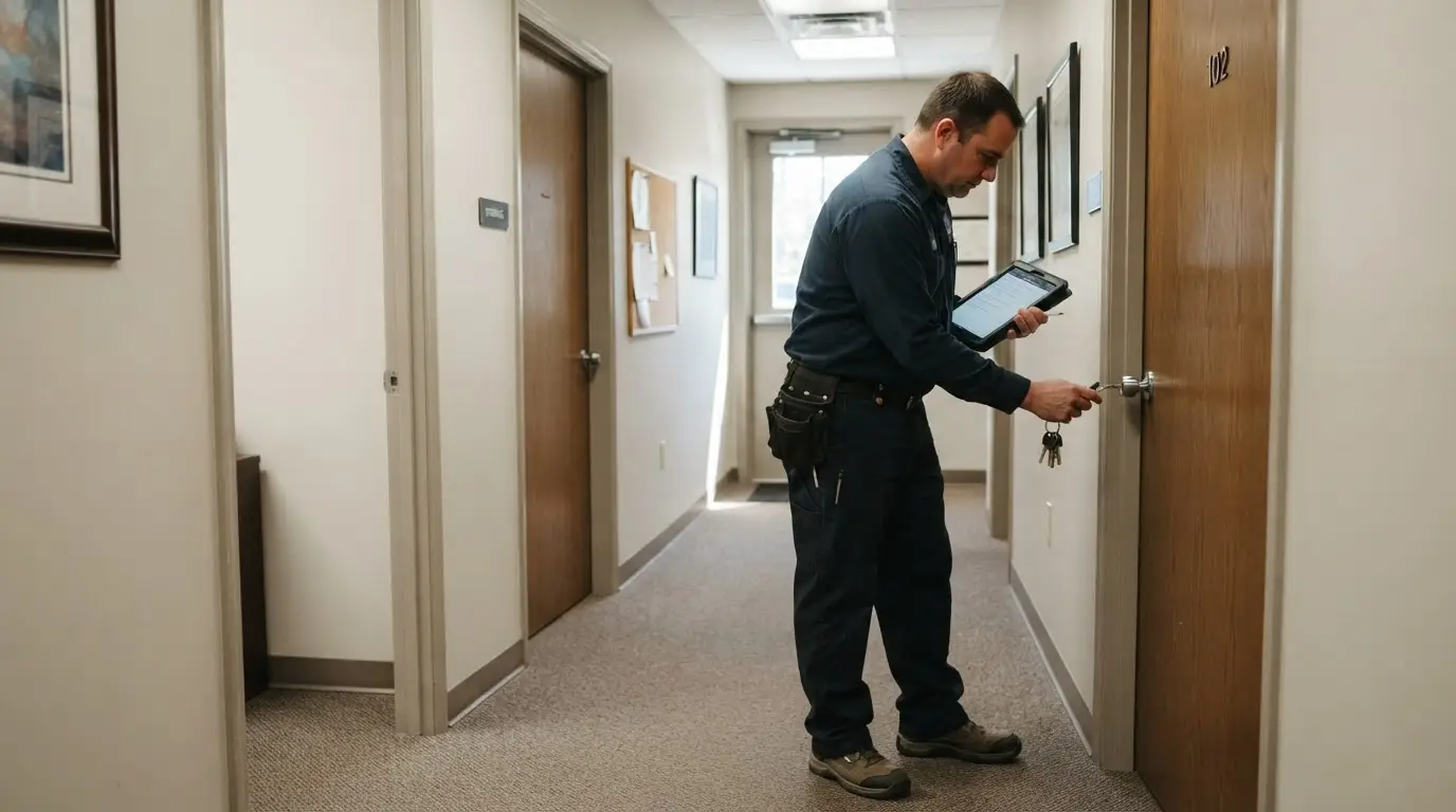 Locksmith walking through a building in Aiken SC to inspect door lock cylinders