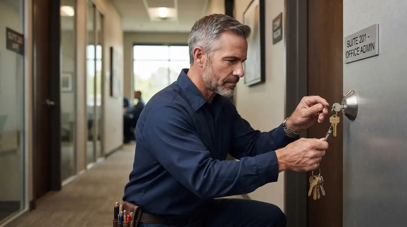 Commercial locksmith reviewing a master key system for an Aiken SC business