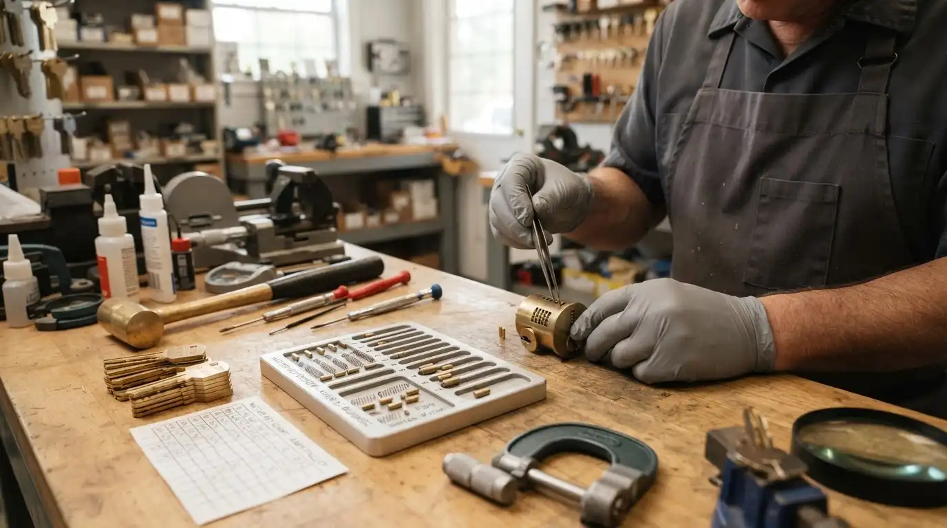Commercial locksmith reviewing master key hardware at an Aiken SC business before a rekey