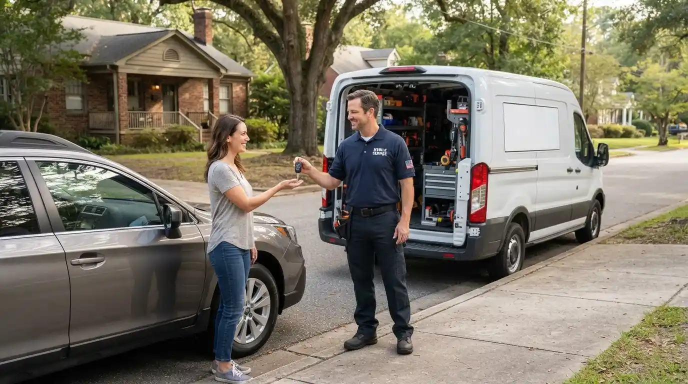 Mobile locksmith van parked beside a vehicle for an on-site car key replacement in Aiken County