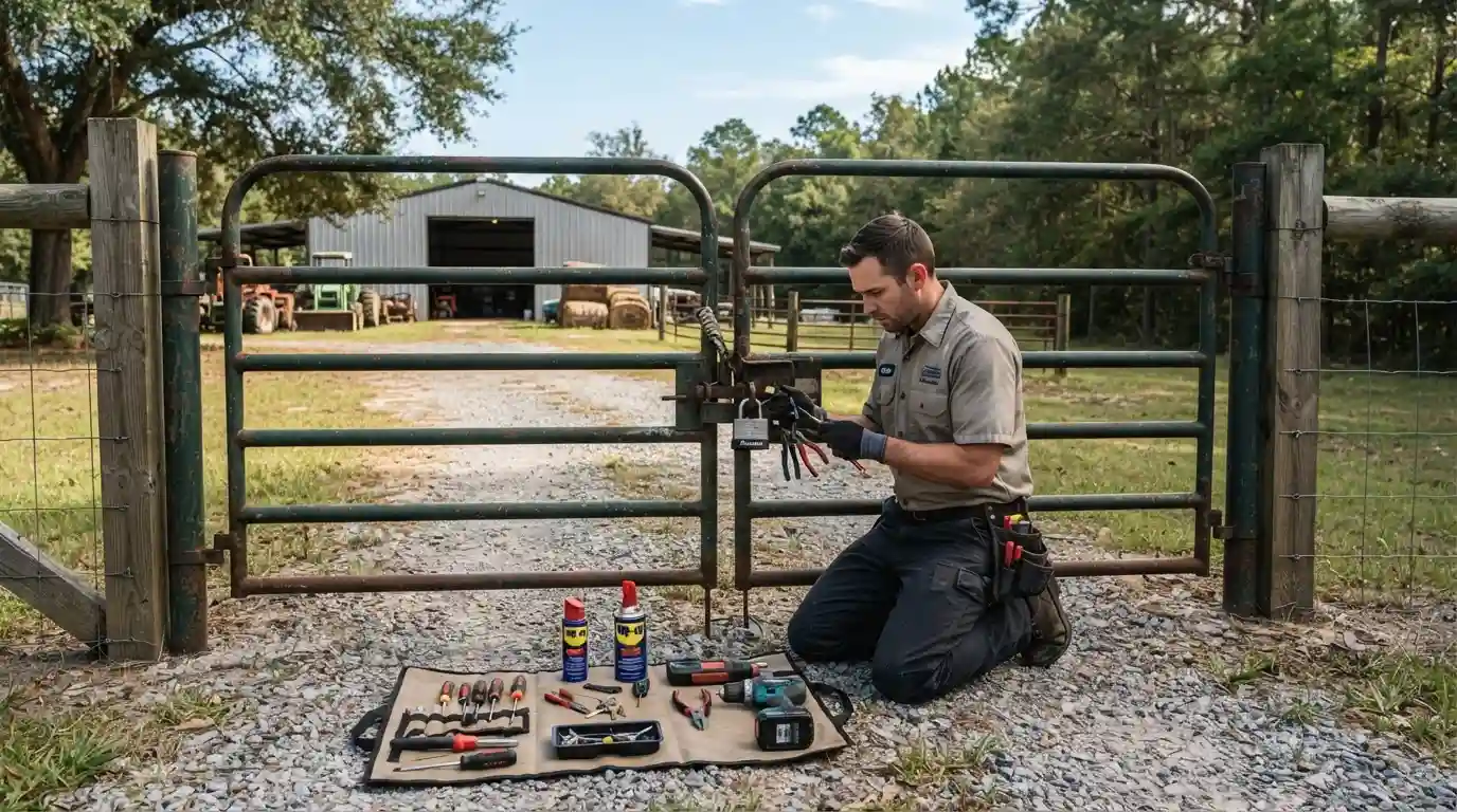 Locksmith inspecting a gate and commercial lock near Beech Island SC