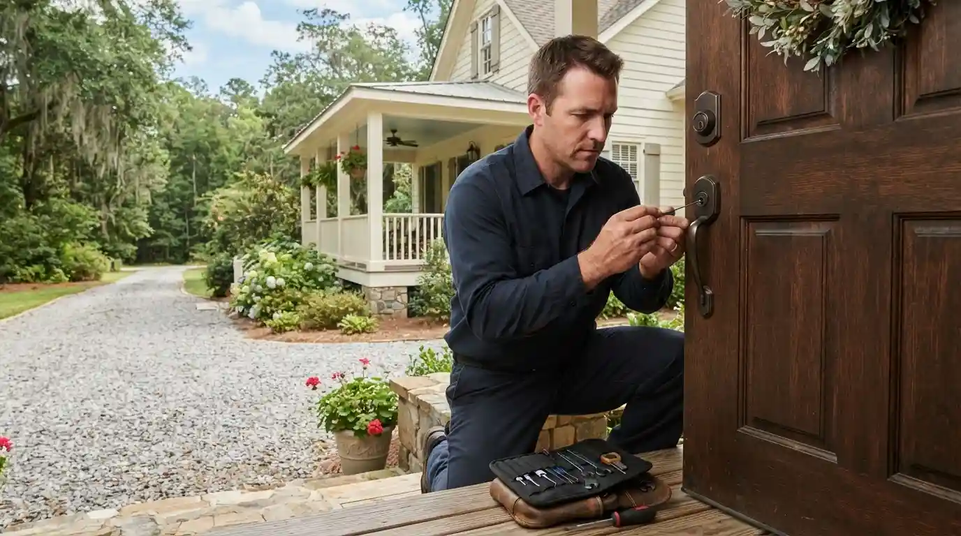 Mobile locksmith servicing a residential door lock near Beech Island SC